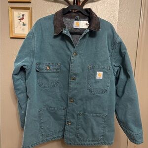 Carhartt Men's Teal Shirt Jacket with Brown Corduroy Collar
